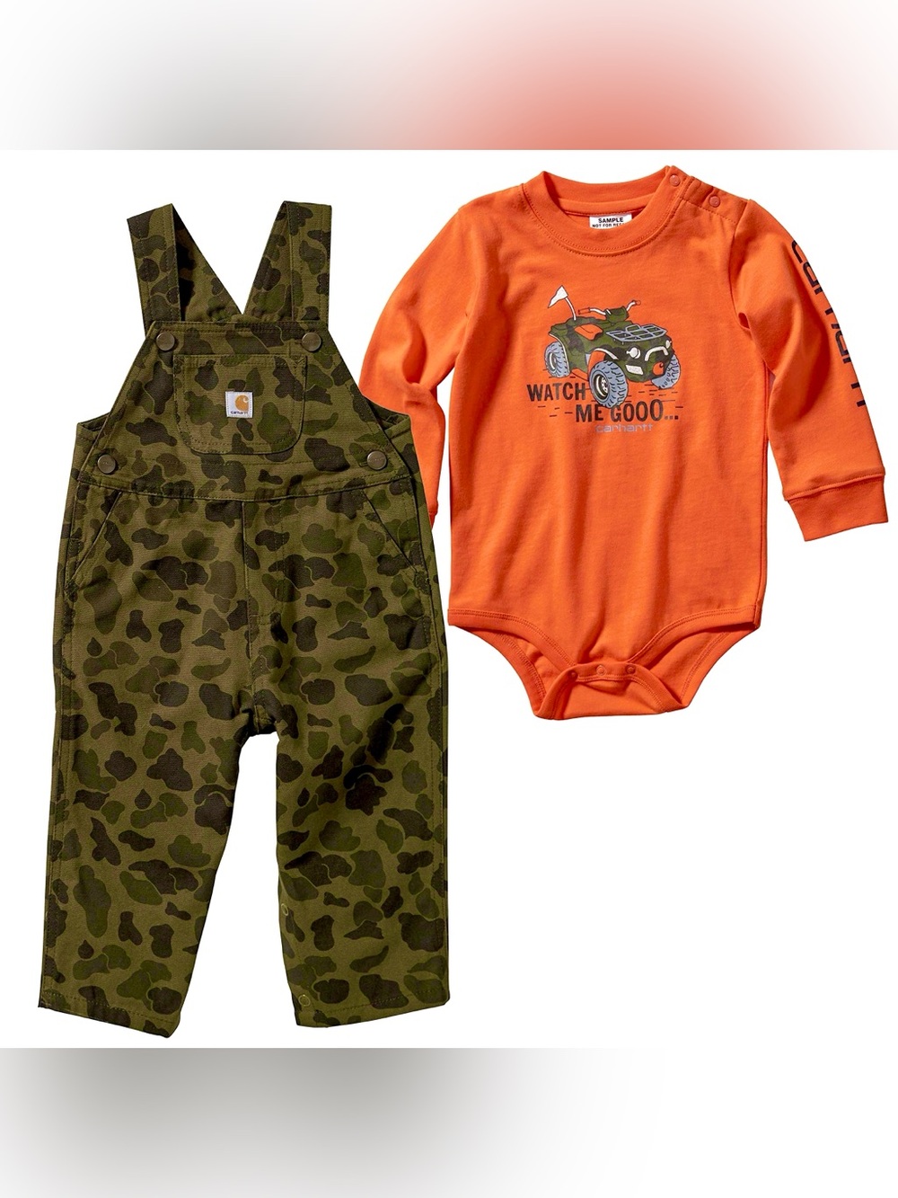 CARHARTT | Infant Boys 2-Piece Orange Long-Sleeve Onesie and Camo Overalls Set